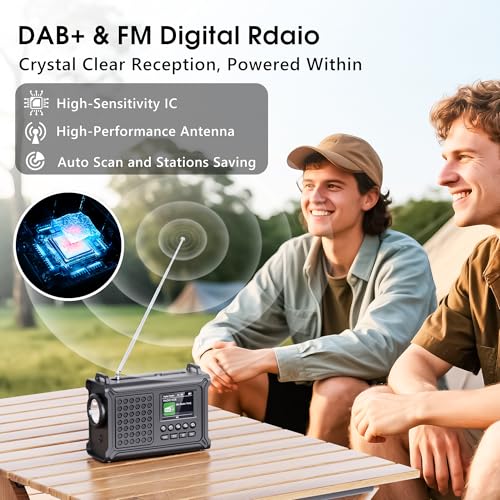 Emergencia Portátil con Manivela, Radio Digital Dab+/FM con Bluetooth 5.0, Radios Recargable con Panel Solar de 8500 mm², Linterna LED, Luz de Lectura, Alarma, Funciones de Reloj, Función de Carga USB - imagen 2