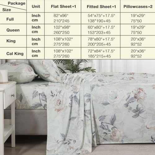 Image of Vintage Floral Sage Green Percale Bed Sheets King Size Deep Pocket | 100% Cotton Shabby Flower Chic Sheet Set, Peony Patterned Farmhouse Sheets, Luxury Neutral Toile Bedding, Cottagecore, 4Pcs