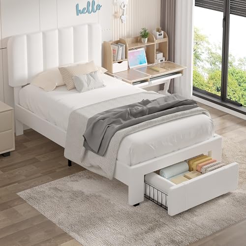 Image of VECELO Twin Size Upholstered Bed Frame with Drawer and Headboard, Velvet Platform Storage Bedframe, Wooden Slats Support, No Box Spring Needed, White