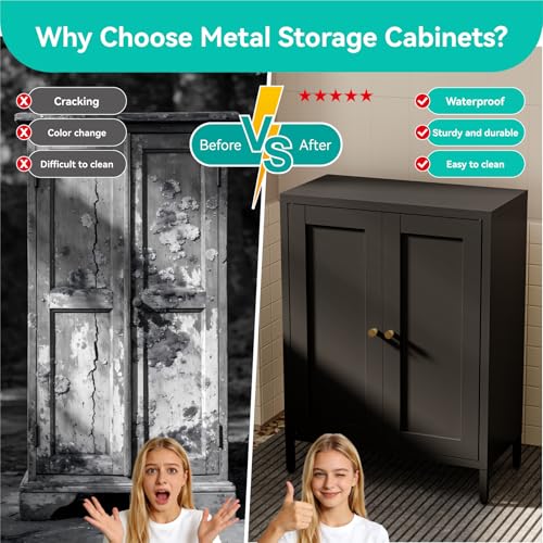 Image of Small Metal Storage Cabinet,11.8 inch D x 23.6 inch Wx31.5 H,Bathroom Cabinet with Adjustable Shelves,Shaker Cabinet for Kitchen Living Room Entryway Dining Room, 3-Tier,Black