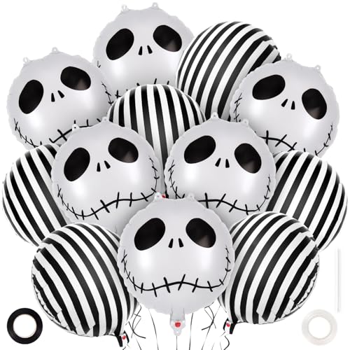 12 Pcs Black and White Striped Balloons Skeletons Skull Foil Balloons Halloween Party Decorations Halloween Balloon for Hallow Birthday Baby Shower Masquerade Themed Party Decorations
