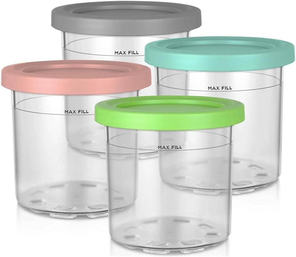 4 Pack Containers for Ninja CREAMi Ice Cream Maker NC301 NC300 NC299AMZ Series & CN302CCO, Creamy Pints Tubs with Color Lids, BPA-Free & Dishwasher Safe (Blue/Pink/Lime/Grey)