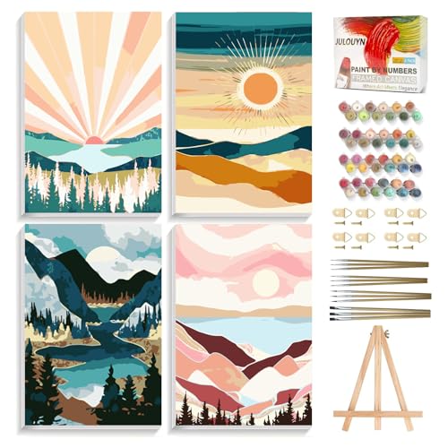 JULOUYN 4 Pack National Park Paint by Numbers Kit for Adults with Framed, Sunset Sunrise Mountain Easy Paint by Number Kits On Canvas with Wooden Easel, Painting by Numbers for Beginner Gift 8x12 in