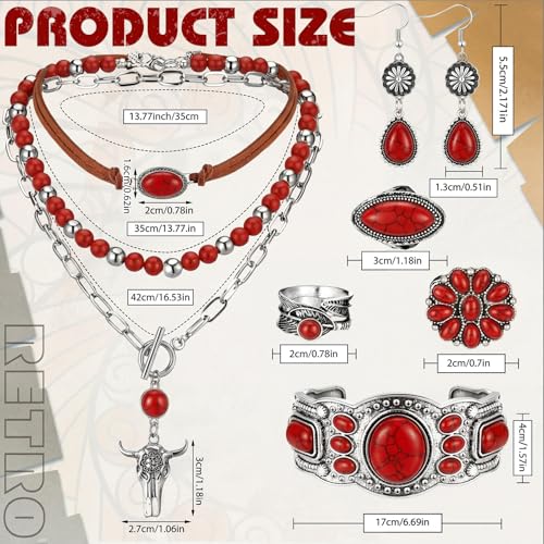 Image of Ecally Bohemian Western Jewelry Turquoise Set Women Country Pendant Long Choker Layered Bracelets Earrings Ring for Women