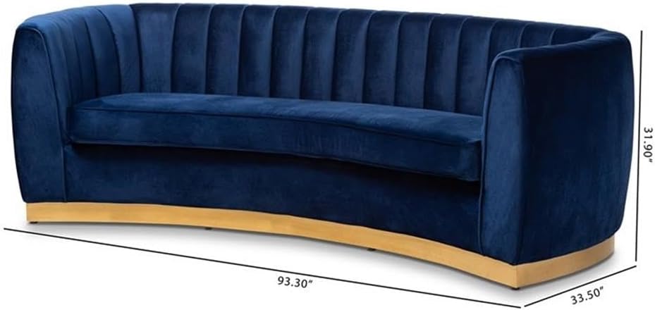BOWERY HILL Mid-Century Velvet Upholstered Sofa, Royal Blue/Gold Finish, Stainless Steel Base, Channel Tufted, Foam Padding, 93.3" Wide Luxury Living Room Seating
