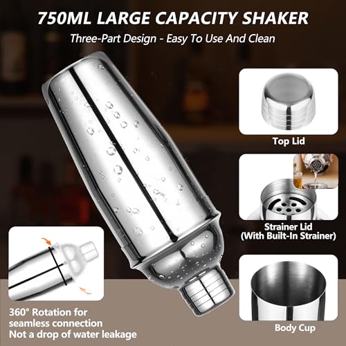 Leseed 12 Pozycji Zestaw do Koktajli, 750 Ml Zestaw do Koktajli ze Stali Nierdzewnej z Drewnianym Stojakiem i Książką Kucharską do Koktajli, Zestaw do Mieszania Koktajli, Prezent dla Mężczyzn, Kobiet