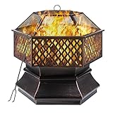 Feuerschale mit Funkenschutz, Sechseckige Feuerstelle Garten, Feuerkorb mit Grillrost, Schürhaken & Grillrost, Für Heizung/BBQ, Feuerschalen für Den Garten Strand Terrasse (71x71x63cm)