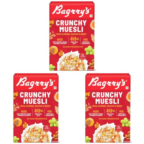Image of Bagrry's Crunchy Muesli - 200g | 83% Multigrain, Brans, Almonds, Raisins & Honey | 40% Fibre Rich Oats | High Fibre and Protein Breakfast Cereal | No Added Preservatives | Non-GMO Oats | 100% Natural | Trans Fat & Cholesterol Free