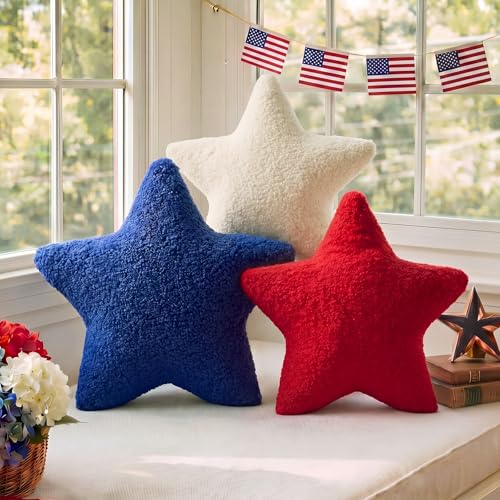 Novabright 3 Pcs 4th of July Star Throw Pillows Independence Day Stuffed Star Pillows, Cute Soft Decorative Cushion for 250th Anniversary, Home, Couch, Outdoor Party Decor