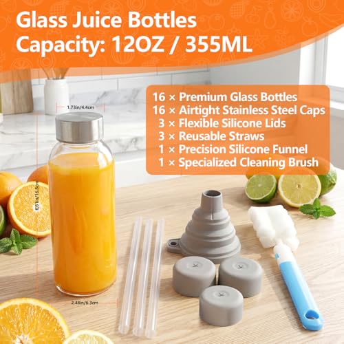 Image of Luxfuel Glass Juice Bottles with Lid 12 oz, 16 Pack Reusable Glass Water Bottles with Stainless Steel Cap & Straws, BPA Free, Leak Proof Juice Bottle Containers for Juicing, Smoothies & Fridge Storage