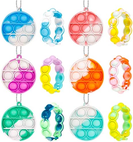 QINREN 12 Pack Mini Push It Fidget Toys, Stress Relief Bracelet & Squeeze Pop Bubble Fidget Keychain, Fidget Toys Pack for Kids Adult OCD, Anxiety