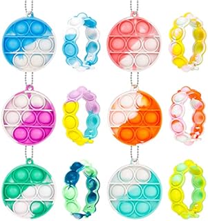 QINREN 12 Pack Mini Push It Fidget Toys, Stress Relief Bracelet & Squeeze Pop Bubble Fidget Keychain, Fidget Toys Pack for Kids Adult OCD, Anxiety