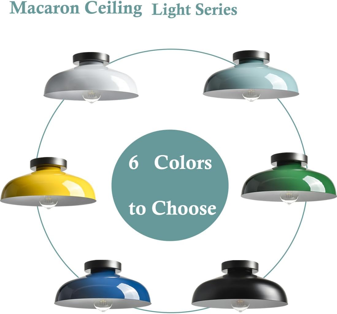 DIRYZON Modern Macaron Ceiling Light,12-Inch Semi Flush Mount Ceiling Light with Metal Barn Shade for Bedroom Porch,Sea Blue Green