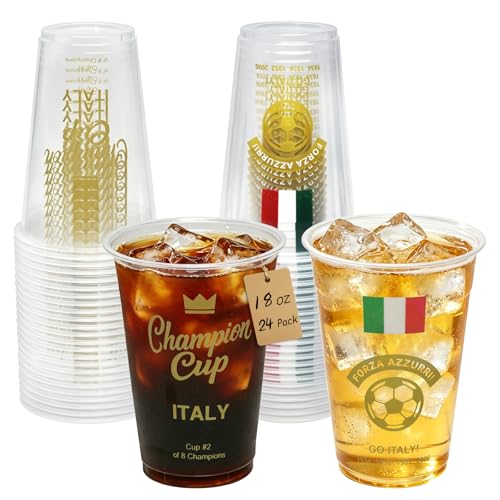 Sowinvent 18 oz Champion Cup Salute To Italy, 4-Time World Soccer Champion, 24-Count Disposable Plastic Party Cups, National Flag Themed for Fan Event Decorations Game-Day Festival, FORZA AZZURRI 2030