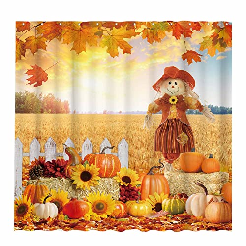 Allenjoy 72" X 72" Fall Scarecrow Shower Curtain Set With Hooks Autumn Pumpkin Harvest Thanksgiving Hay Farmhouse Home Bathroom Bathtubs Decor Washable Durable Fabric #TOP18