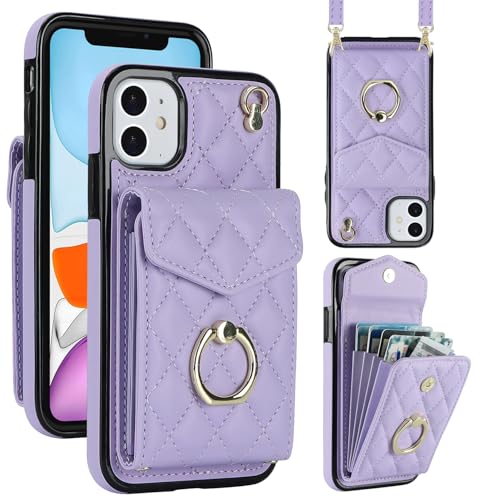 Draamvol for iPhone 11 Case Wallet Shockproof Leather iPhone 11 Phone Case with Card Holder Ring Holder Detachable Necklace Magnetic RFID Blocking Air Bumper Cover,Light Purple