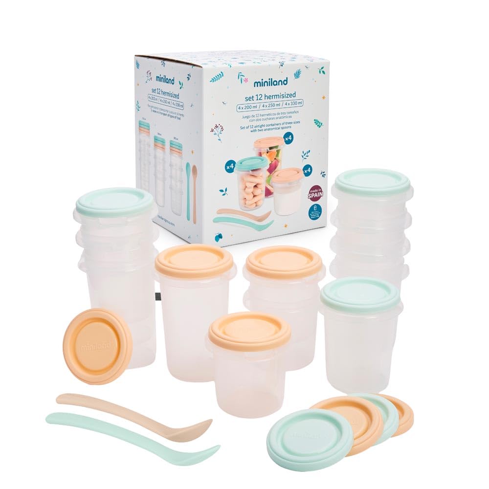 Miniland Set 12 Contenitori Ermetici per Bambino 3 Formati 200 250 330 ml Senza BPA