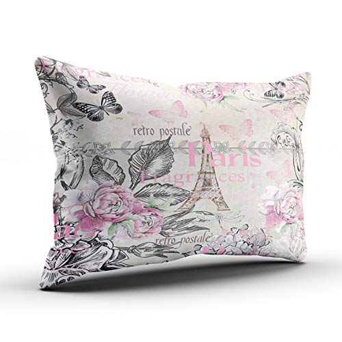 Xiuba Pillowcases Pink And Gray Vintage Typo Black Pink Floral Paris Eiffel Tower Customizable Decorative Rectangle 12X20 Inch Boudoir Size Throw Pillow Case Hidden Zipper One-Side Design Printed #TOP1