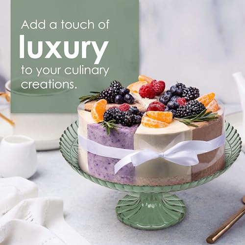 Amici Home Flower Footed Glass Cake Stand | Round Vintage Style Cake Plate | Serving Platter for Cupcakes, Cookies | Dessert Display Stand for Parties, Weddings, and Gift | 10” D x 4” H (Green)