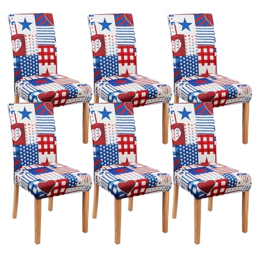 Dining Room Independence Day Chair Covers Set of 6,4th of July Plaid Stitching Dining Chair Cover,Elastic Removable and Washable Dining Chair Cover,Suitable for 4th of July Kitchen Dining Room Decor