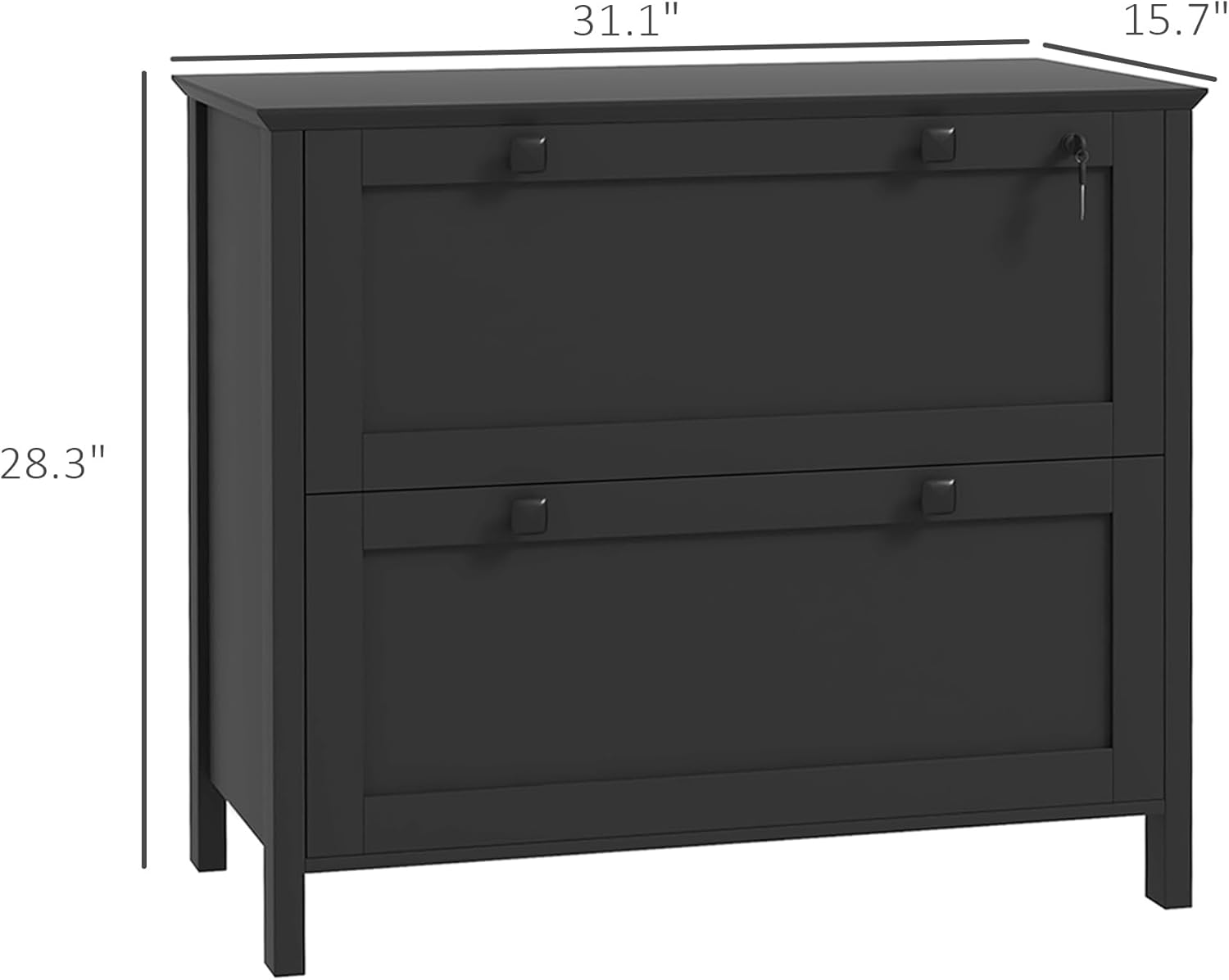 HOMCOM 2 Drawer File Cabinet with Lock, Lateral Filing Cabinet with Keys and Adjustable Hanging Bar for Letter, A4 and Legal Size for Home Office, Black