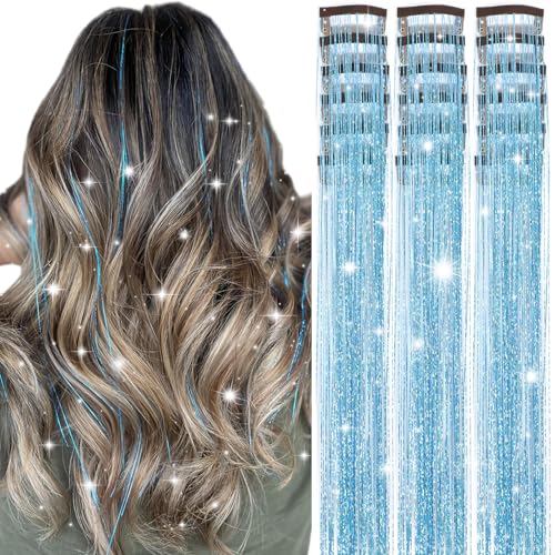Obinying Hair Tinsel 18 Pcs Hair Tinsel Clip in 20.5 Inch Glitter Tinsel Hair Extensions Clip in Hair Tinsel Kit Party Festival Fairy Hair Accessories for Girls Women Kids (Sky Blue)