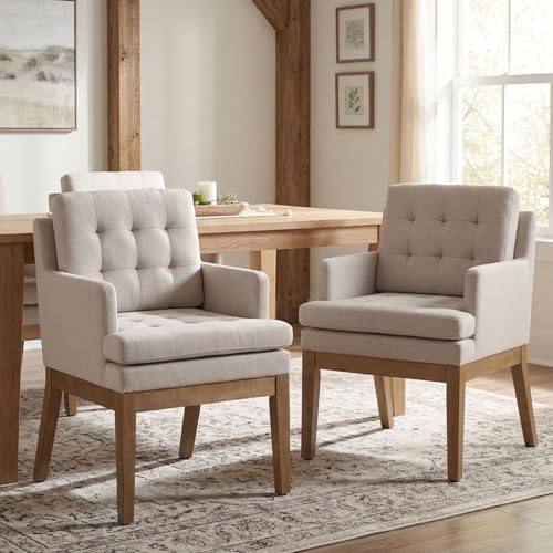DM Furniture Linen Fabric Dining Chairs Set of 2, Upholstered Tufted Kitchen Room Chairs with Arms, Cozy Farmhouse Solid Wood Accent Side Chair for Dining/Living Room, Removable Cushion, Light Grey