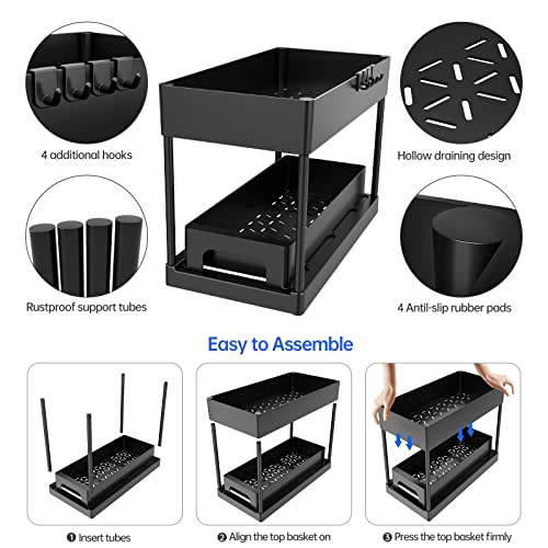 Huggiecart Under Sink Organizers And Storage, 2 Tier Bathroom Organizer With Pull Out Sliding Drawers, Multi-Purpose Organization And Storage With 4 Hooks For Bathroom, Cabinet Organizer (Black) #TOP4