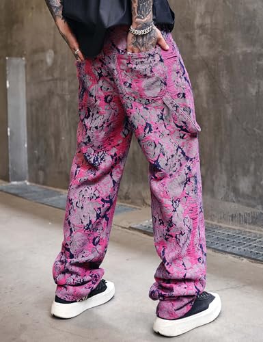 Men Jacquard Weave Denim Jeans Loose Wide Leg Pants2