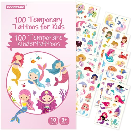 ECHOCUBE Tatuagens temporárias para crianças com 100 padrões, 10 folhas à prova d'água tatuagem falsa, autocolantes mistos desenhos sereia, enchimentos de sacos de presentes aniversário