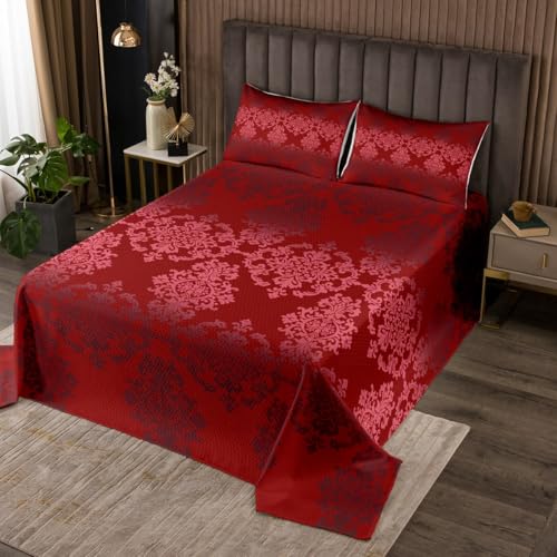 Loussiesd Roter Jacquard Damast Tagesdecke 240x260cm Damast Floral Steppdecke für Kinder Jungen Mädchen Antik Barock Bettüberwurf Böhmische Wohndecke