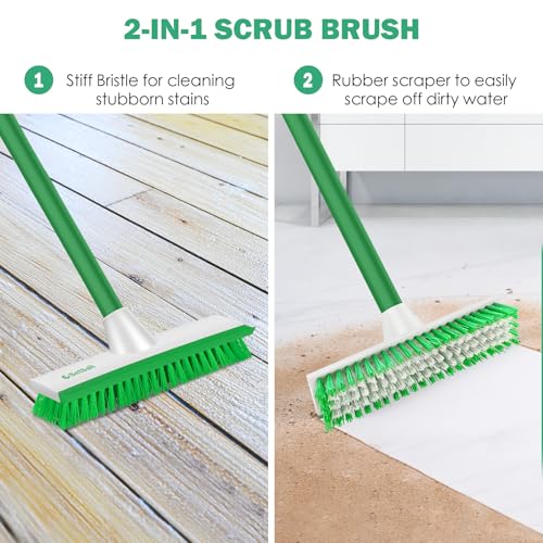 Image of SetSail Floor Scrub Brush with 51-Inch Long Adjustable Handle Brush, Green | 2 in 1 Scrape Brush Stiff Bristle Floor Scrubber for Cleaning Shower Bathroom Garage Kitchen Wall Deck Tub Tile