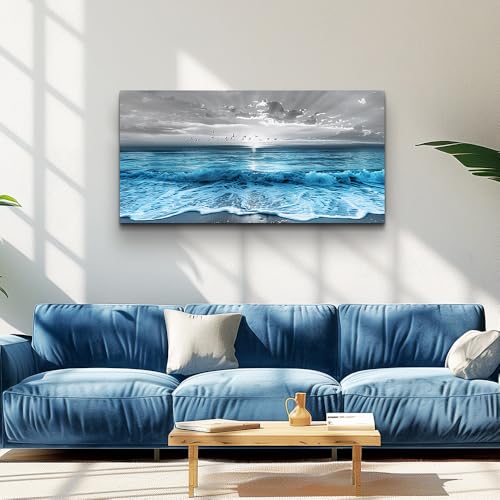 ERQINHUA Large Canvas Wall Decor For Living Room Wall Art For Bedroom Office Dining room Decorations Blue Sea Wave Ocean Paintings Beach Artworks Wall Pictures Modern Inspiration Home Decor 24"X48"