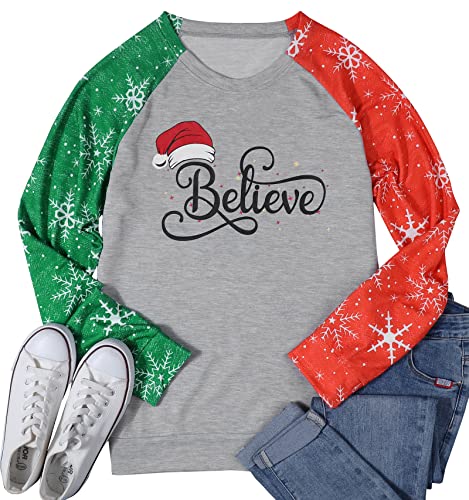 Believe Moletom feminino Natal engraçado gráfico leve blusa Natal chapéu feriado bonito camisetas, V