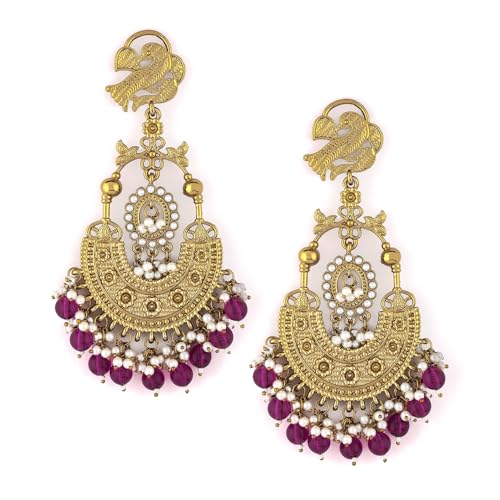 Rubans 18K Gold-Plated Big Chandbali Earrings with Deep Magenta Beads and Pearl-Like Accents