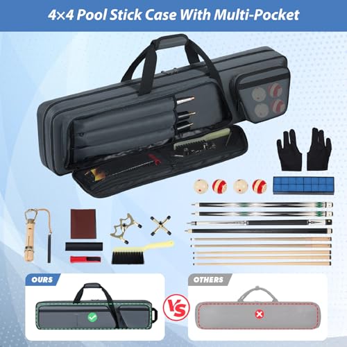 4x4 Pool Cue Case, Portable Cue Stick Case with Multi-Pocket for 4 Butts and 4 Shafts, Billiard Stick Carrying Case with Shoulder Straps and Handle, Pool Cue Bag with Front Accessories Pocket(B) - Thumbnail 3