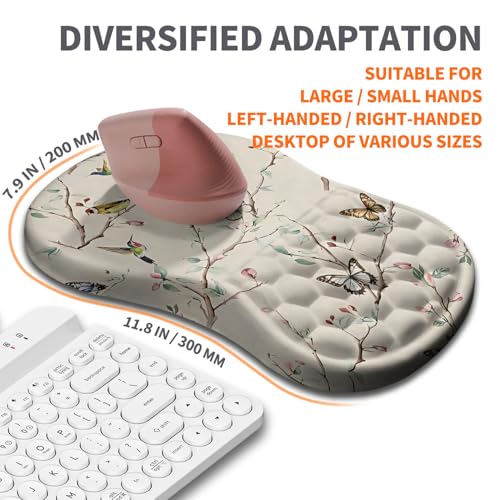 Image of Ergonomic Joint Wrist Support Mouse Pad with Memory Foam Cushion Massage Bump, Carpal Tunnel Pain Relief Mousepad Slope Design for Wrist Rest, 11.8x7.9 in, Butterfly Hummingbird