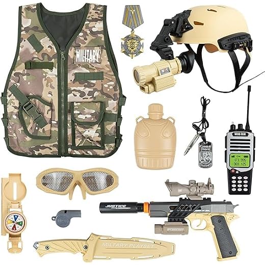 RedCrab Déguisement Militaire Garçon Costume Militaire Camouflage, 12pcs Soldat Costume Enfant avec Talkie-Walkie, Militaire Veste et Casque, Jeu de Rôle Carnaval Costume Enfants Cadeaux