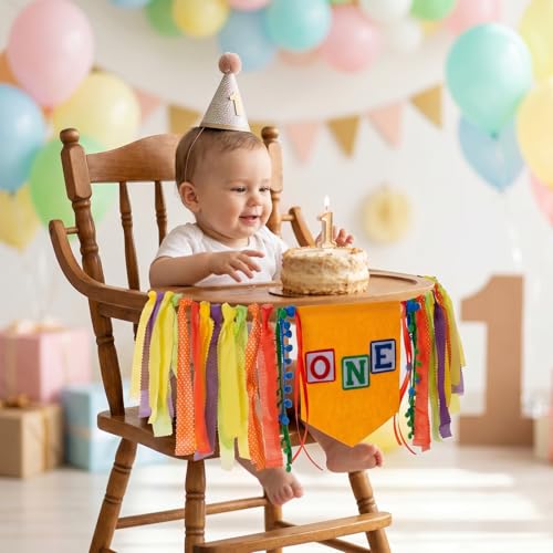 Image of 1st Birthday High Chair Banner, ONE Highchair Banner for Cake Smash, Colorful Circus First Birthday Decorations, Pre-Strung Fabric Tassel Cake Smash Garland Photo Prop