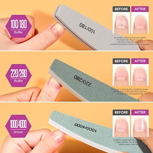 Teenitor Professional Nail Files Set, 6pcs Nail Buffers & Smoothers 100/180/240 Grit for Nail Care, Double Sided Emery Board Nail Buffer Block for Home & Salon Use, Gel Nail Styling Tools, Half-Moon