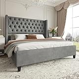 Jocisland Queen Size Bed Frame Velvet Upholstered Platform Bed with 51.6' Tall Wingback Headboard Deep Button Tufted, No Box Spring Needed, Light Grey