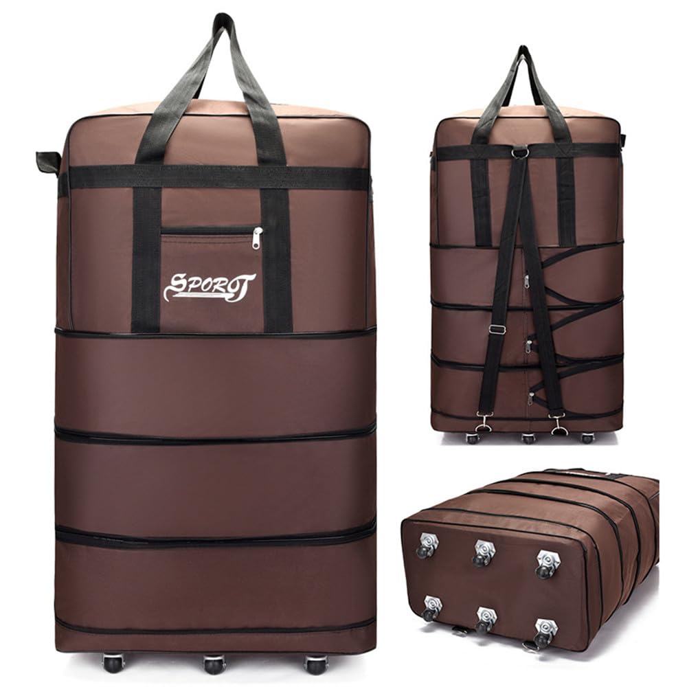 expandable extra large travel oxford duffel bag with wheels waterproof lightweight traveling foldable suitcase (brown, l - 6 wheels)