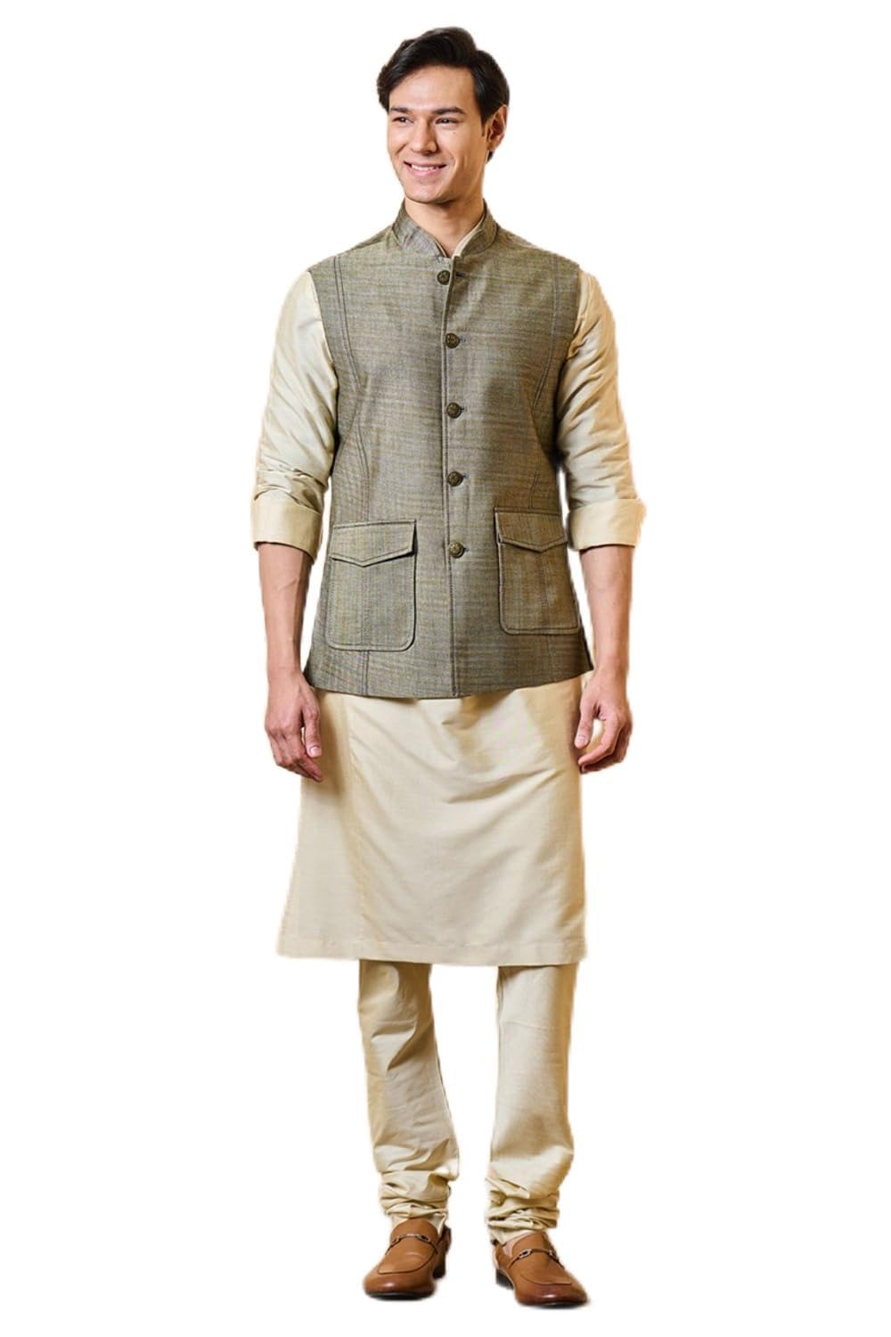 tasva Olive Classic Jacquard Bundi For Men-picture-36