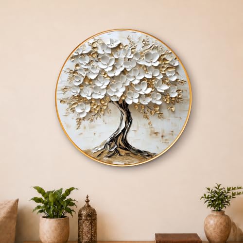 Image of PAINTINGMANTRA Tree of Life Wall Art Painting for Living Room, Floral White Flowers Painting with Round Frame for Home Bedroom and Office, 23 Inch