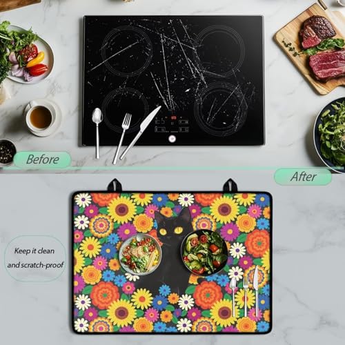 Image of Poceacles Ceramic Glass Stove Top Cover Stove Burner Cover Multipurpose Rubber Desk Saver Pad Washer Dryer Top Mat for Counter Decor, Colorful Floral Black Cat