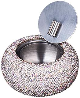 Bestbling Rhinestone Ashtray with Lid, Flip Top Stainless Steel Tabletop Ashtray for Smokers, Desktop Smoking Ash Holder for Home & Office Decoration (Silver)