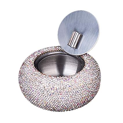 Bestbling Rhinestone Ashtray with Lid, Flip Top Stainless Steel Tabletop Ashtray for Smokers, Desktop Smoking Ash Holder for Home & Office Decoration (Silver)
