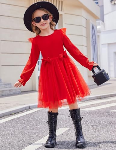 Image of Arshiner Toddler Girls Tulle Dresses with Bow Tie Fall Winter Long Sleeve Formal Party Dress 1-7 Y