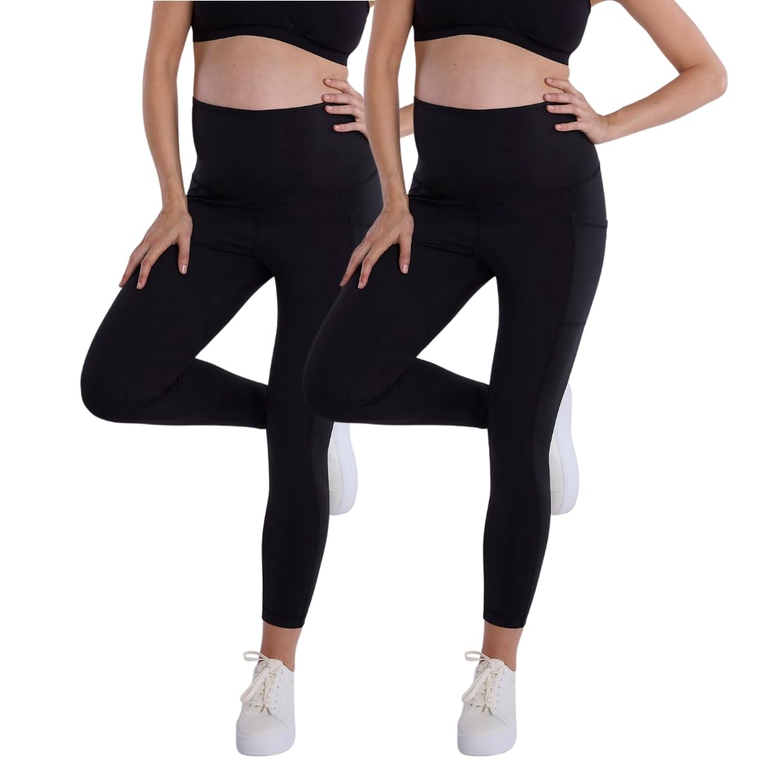Motherhood Maternity Women's Workout Over The Belly Pregnancy and Postpartum Leggings with Pockets Soft Active Stretchy Pants, Black/Black 2 Pack, M
