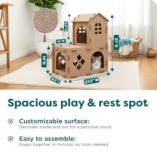 Image of Furhaven Pet Furniture for Cats and Kittens - Tiger Tough Farmhouse Corrugated Cat Scratcher Playhouse Apartment with Catnip, Cardboard (Brown), One Size